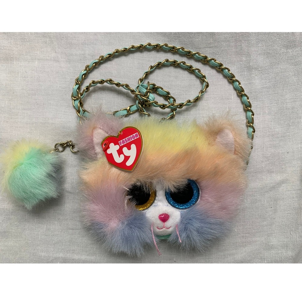 Ty Fashion Heather the Cat Pastel Rainbow Plush Crossbody Purse Glitter Eyes#609
